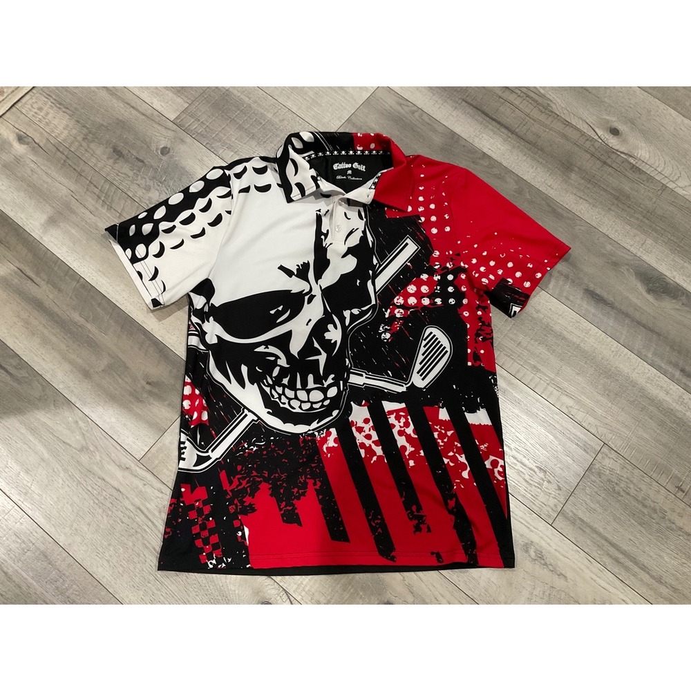 Tattoo Golf Blade Collection Mens Polo Shirt Skull Golf Clubs Red Black White M‎